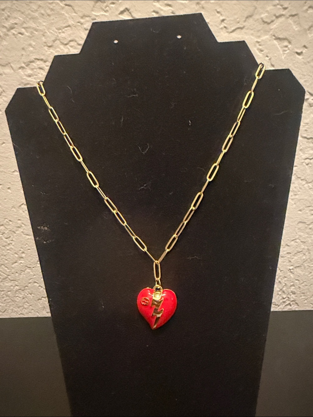 Inspired Gold-Tone Paperclip Chain Necklace with Red Heart & Lightning Pendant